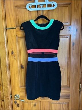 Y2K Vintage Caché Black Colorblock Dress w/ Mint, Coral, & Periwinkle Accents